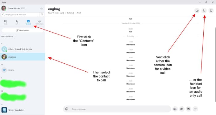 Выберите контакт и щелкните значок камеры или телефона, чтобы инициировать видео- или аудиовызов при каждом вызове соответственно.